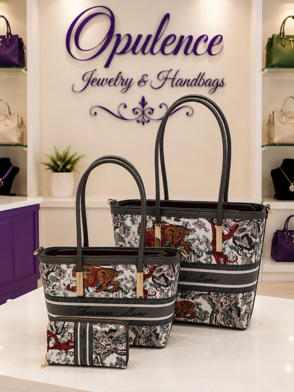Women's Grey Printed Tote Bag with Matching Pouch - Forever Love